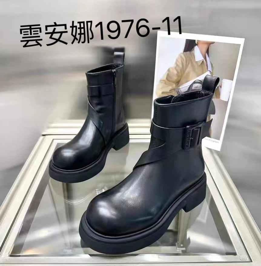 YUNANNA/雲安娜秋冬真皮时尚休闲百搭圆头厚底中筒靴子1976-11