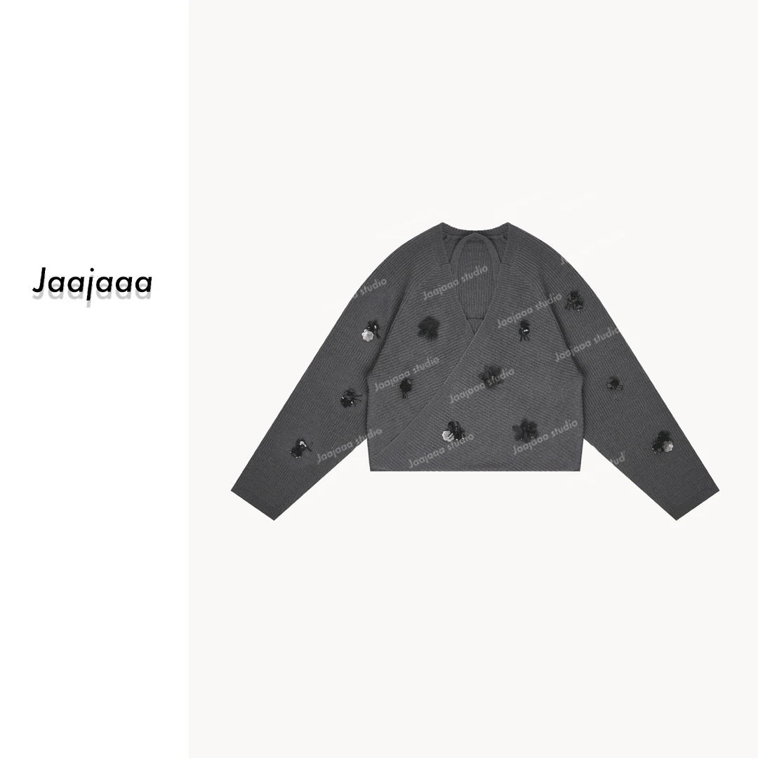 Jaajaaa柯林斯堡街区 设计花朵针织开衫百搭时尚/HHAE