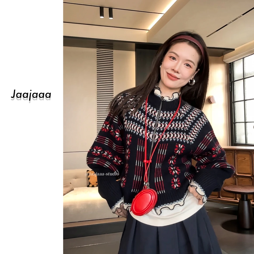 Jaajaaa森林茶会 设计花边针织拉链开衫宽松秋冬/DFHA