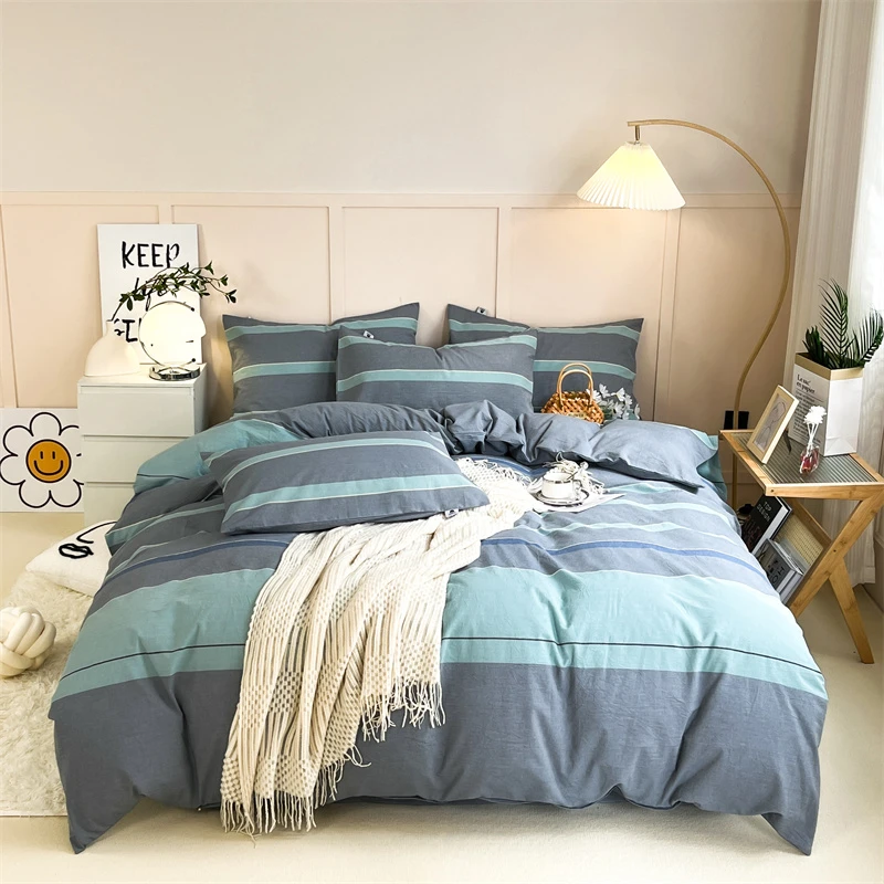 全棉色织水洗棉四件套100纯棉格子简约风床上用品四件套春夏薄款X