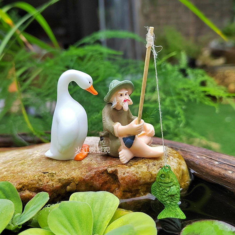 可爱大白鹅鸭子天鹅钓鱼翁微景观摆件盆栽盆景鱼池假山造景装饰品