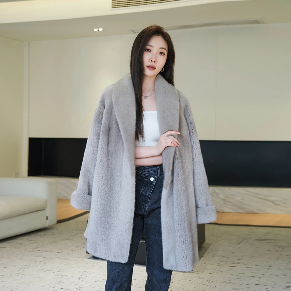 进口紫标天鹅绒整貂青果领挽袖貂皮大衣中长款皮草外套女海宁皮草