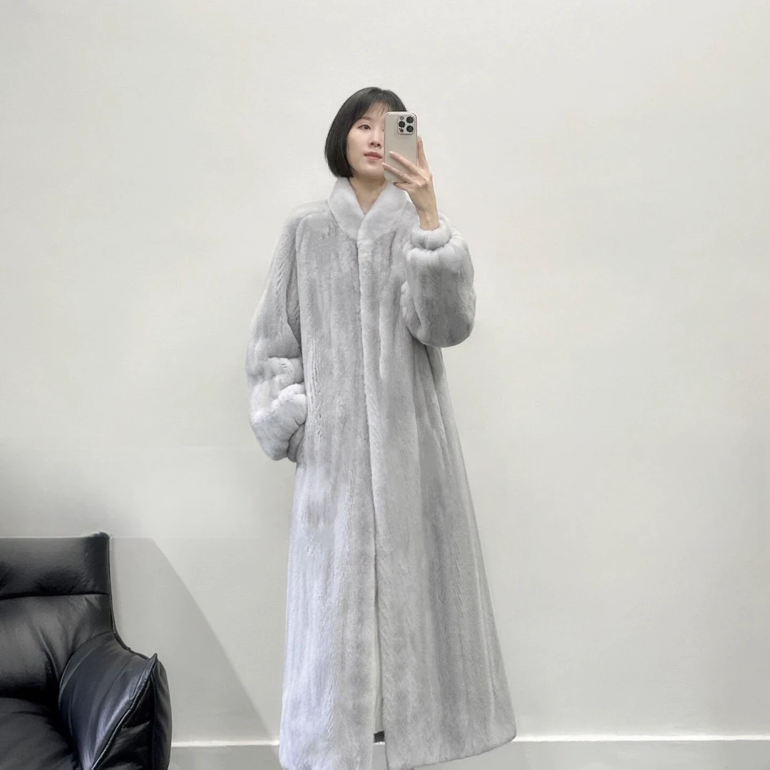 【婷婷】超长款立领进口天鹅绒水貂毛皮草女整貂天鹅绒貂皮大衣外套