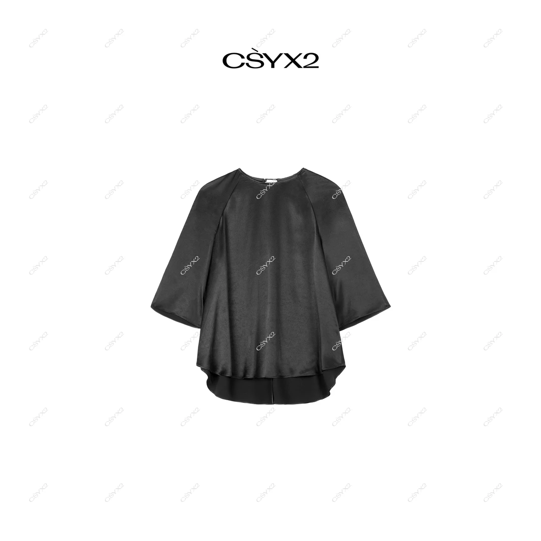 CsyX2-2025S/S夏季新款进口丝质黑色银标显瘦七分袖上衣S10859