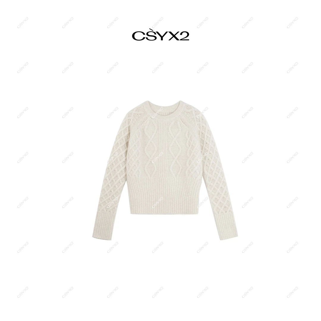 CsyX2-2024秋冬100耗牛绒圆领纯色纹理菱格竖条慵懒风毛衣SC-0401