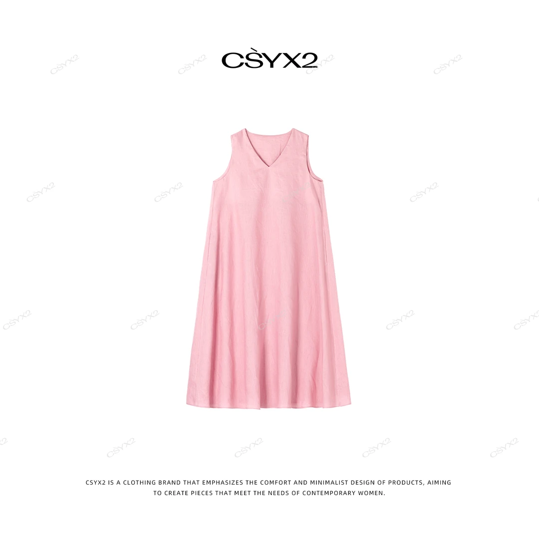 CsyX2-2025S/S经典设计V领显瘦粉色背心连衣裙L30711