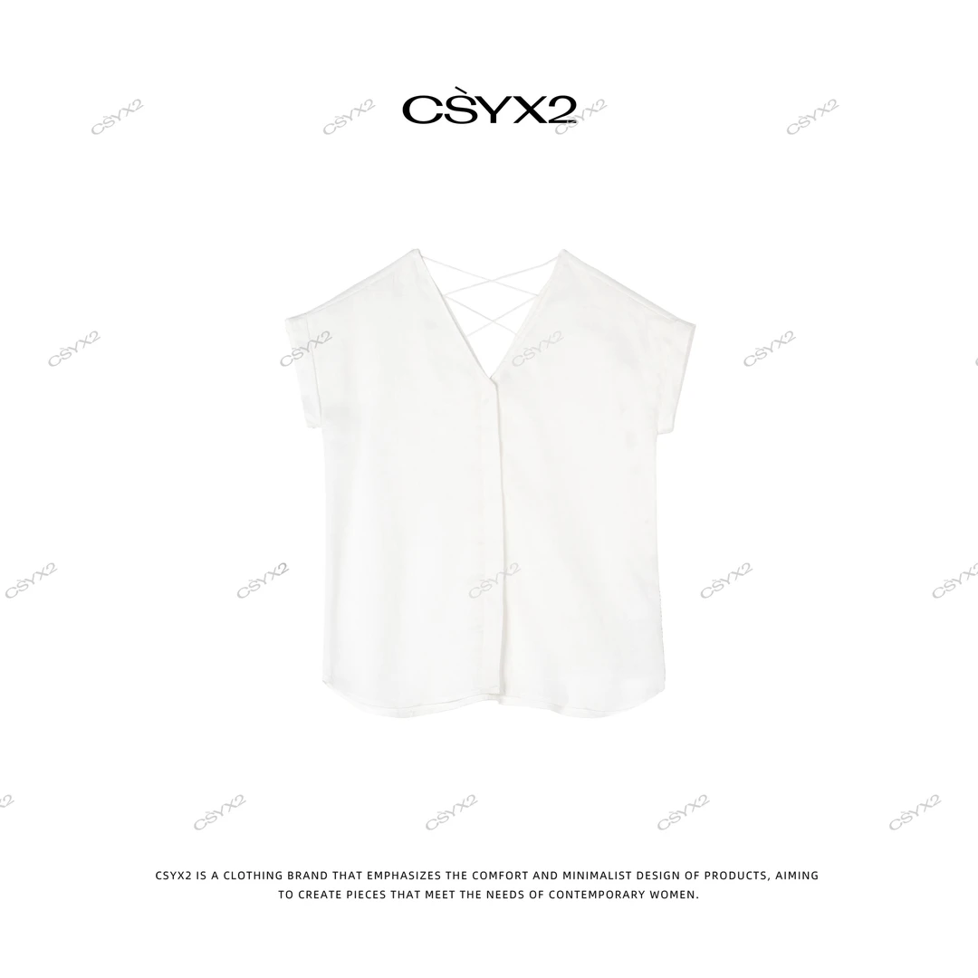 CsyX2-2024S/S100%亚麻气质白色V领后背镂空背心S11037