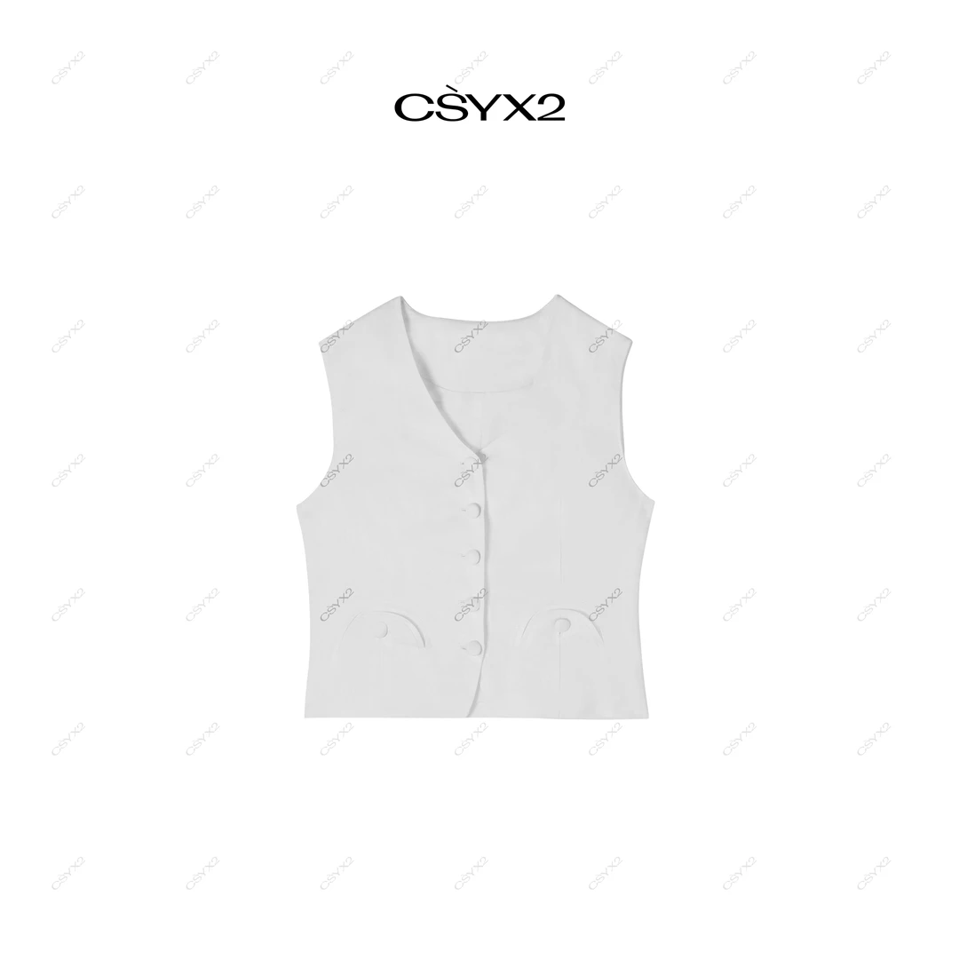 CsyX2-2025S/S夏季新款 时尚减龄V领中式无袖拱门马甲S11030-白