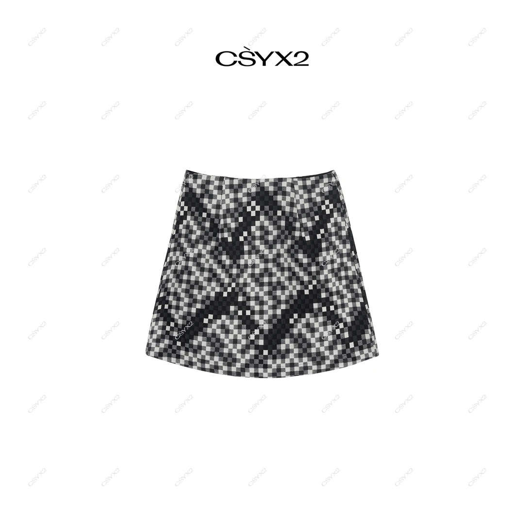 CsyX2-2025S/S早秋新款时尚减龄像素世界黑白格A字轻奢半裙D40760
