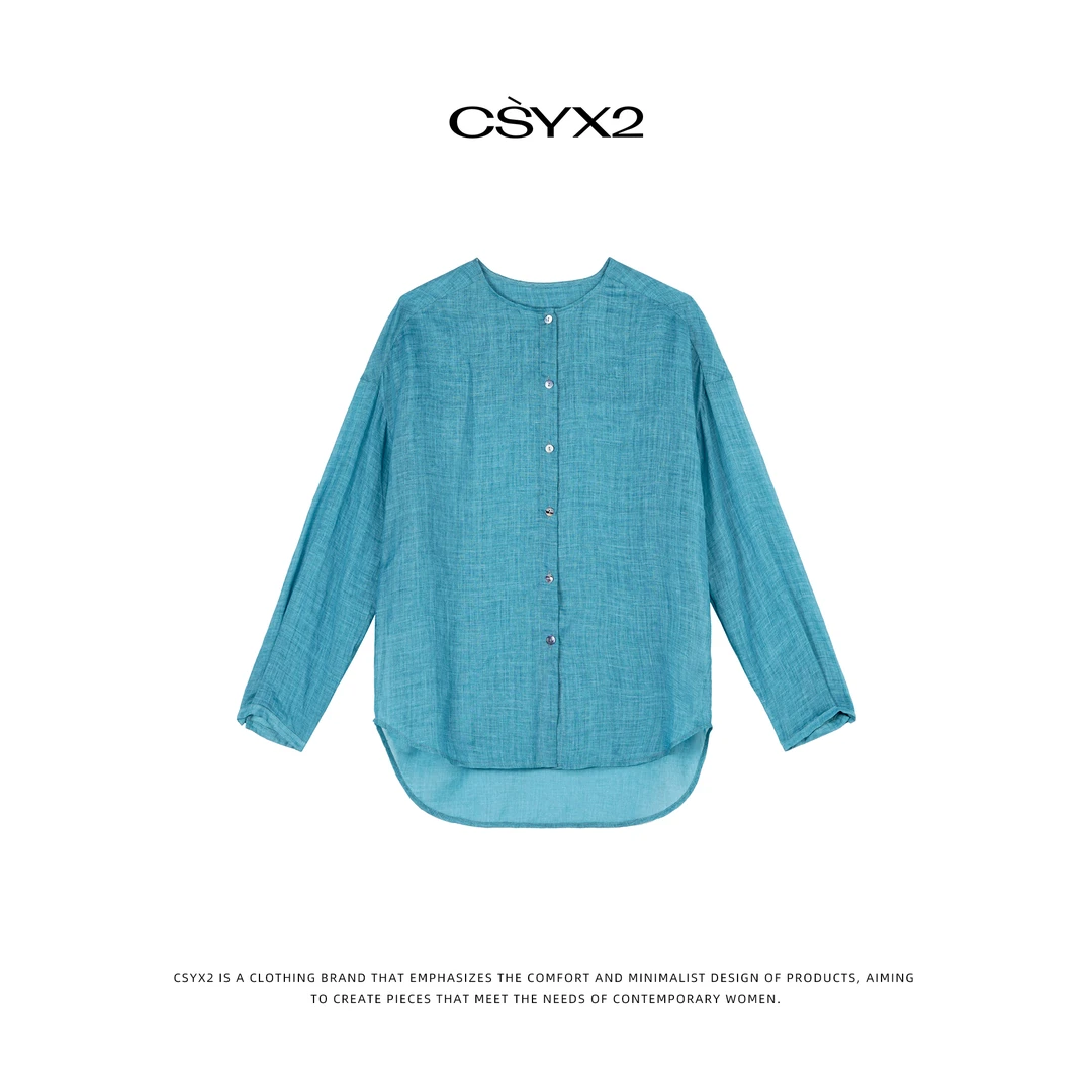 CsyX2-2025SS100苎麻孔雀蓝休闲无领衬衣S10954