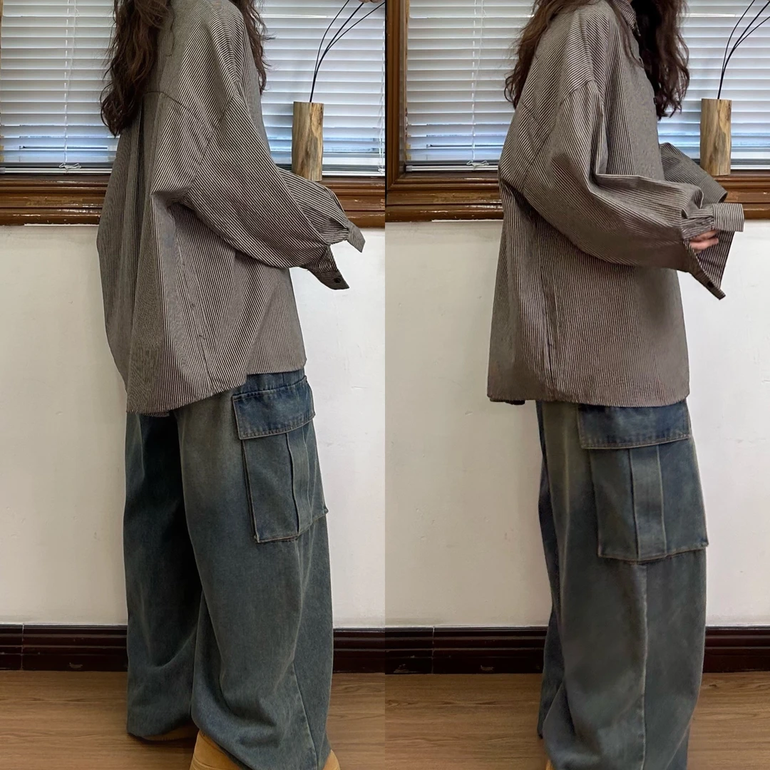 秋季新款宽松大版休闲百搭条纹衬衣