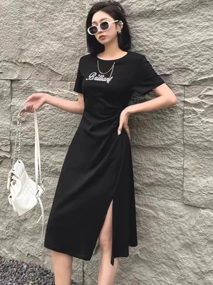 小心机开叉连衣裙夏季女2025新款设计感镂空收腰显瘦不规则A字裙