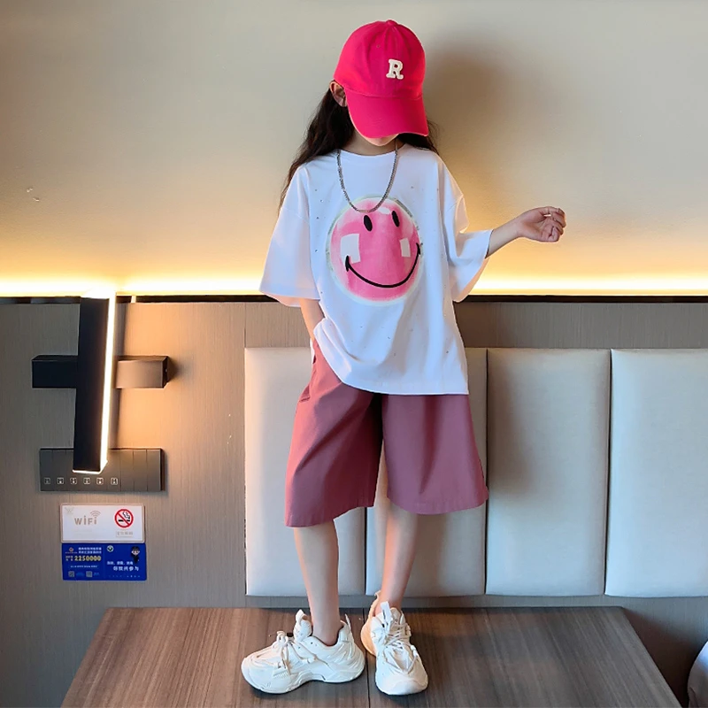 女大童夏装休闲运动套装2024新款韩版洋气女孩夏季短袖短裤两件套