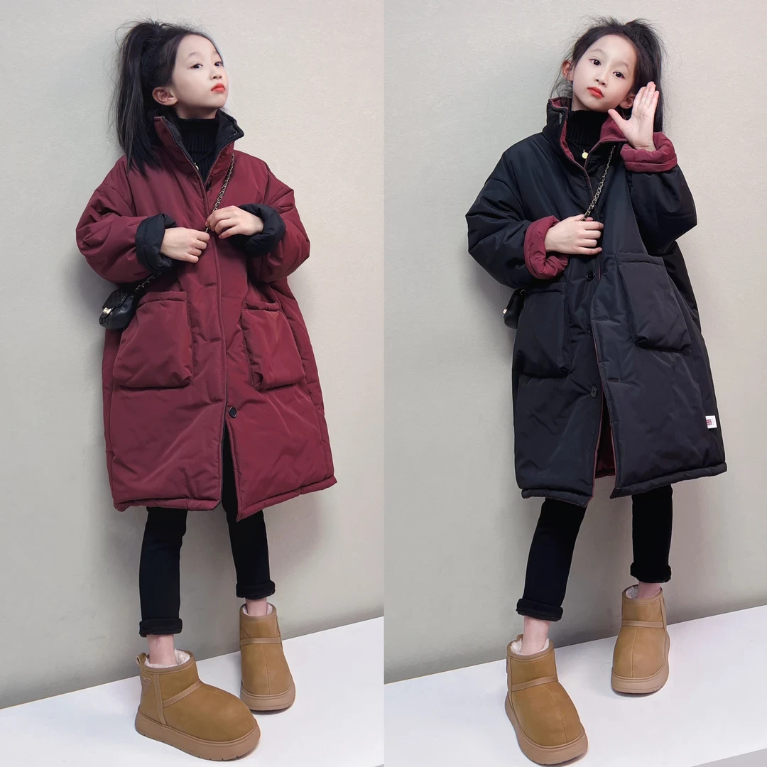 女童棉服冬装2025新款儿童双面穿中长款棉衣中大童保暖外套韩系潮