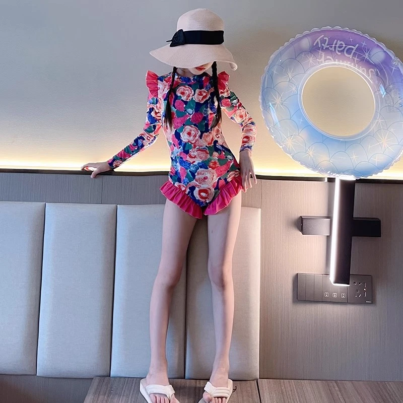 2025新款女童连体泳衣6-12岁中大儿童游泳衣夏季女孩长袖泳装洋气