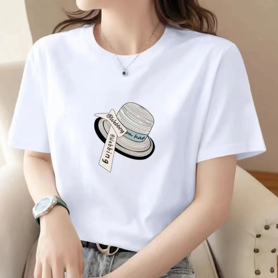 夏季短袖男女休闲透气时尚百搭圆领印花T恤 草帽127