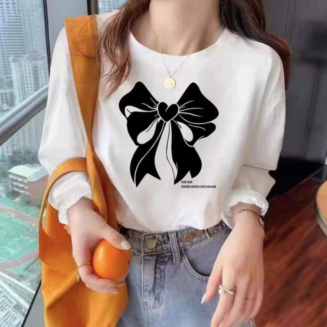 长袖春秋男女休闲透气时尚百搭圆领印花T恤 黑蝴蝶结