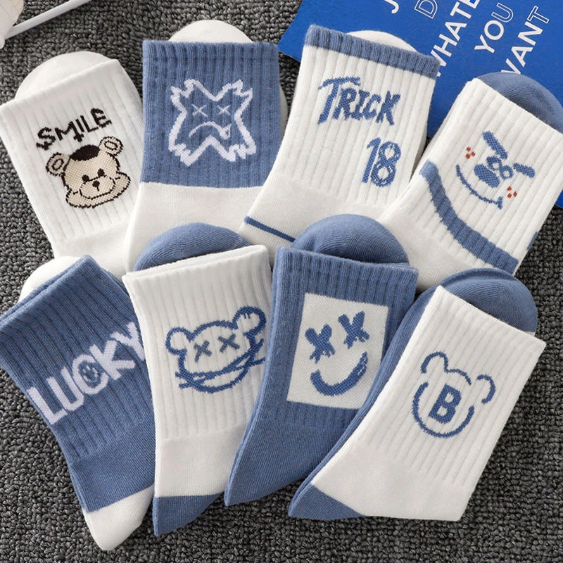 男士袜子秋冬季中筒ins潮流帅气卡通可爱蓝色百搭男孩运动中筒袜