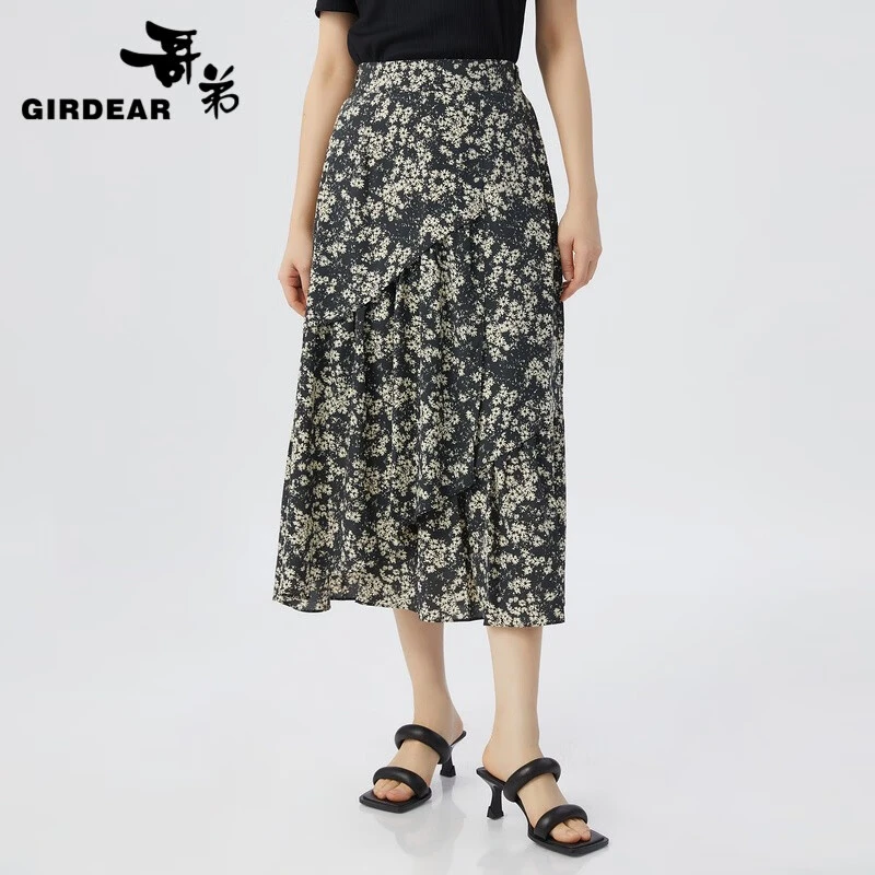 GIRDEAR/哥弟优雅气质百搭通勤显瘦高腰飘逸纱质印花伞裙1200318