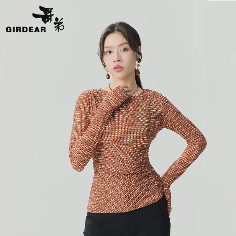 GIRDEAR/哥弟新款时尚不对称双层复式叠片印花丝网上衣女1301010