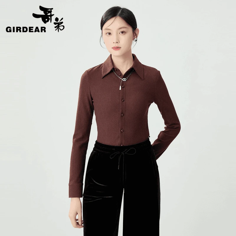 GIRDEAR/哥弟新款时尚简约百搭水波纹肌理感翻领弹力衬衫1301038