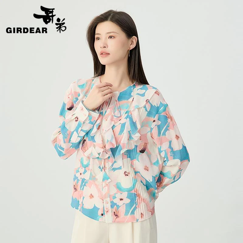 GIRDEAR/哥弟法式浪漫荷叶边气质通勤百搭减龄长袖衬衫1301023