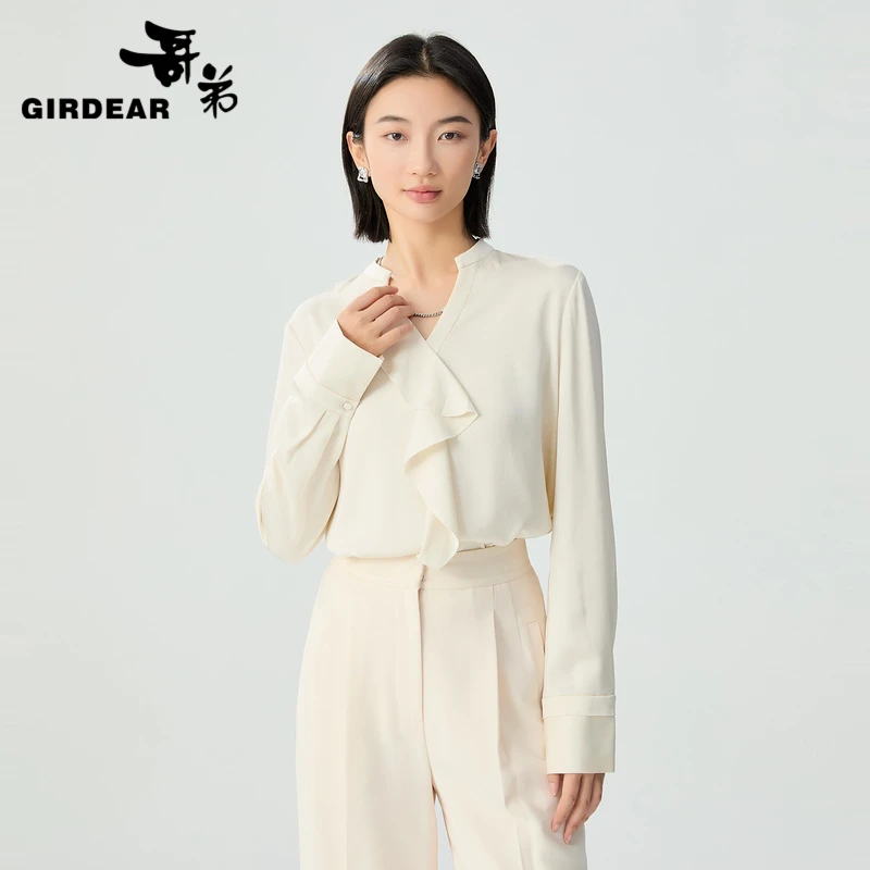 GIRDEAR/哥弟新款简约时尚浪漫衬衫V领优雅气质荷叶边上衣