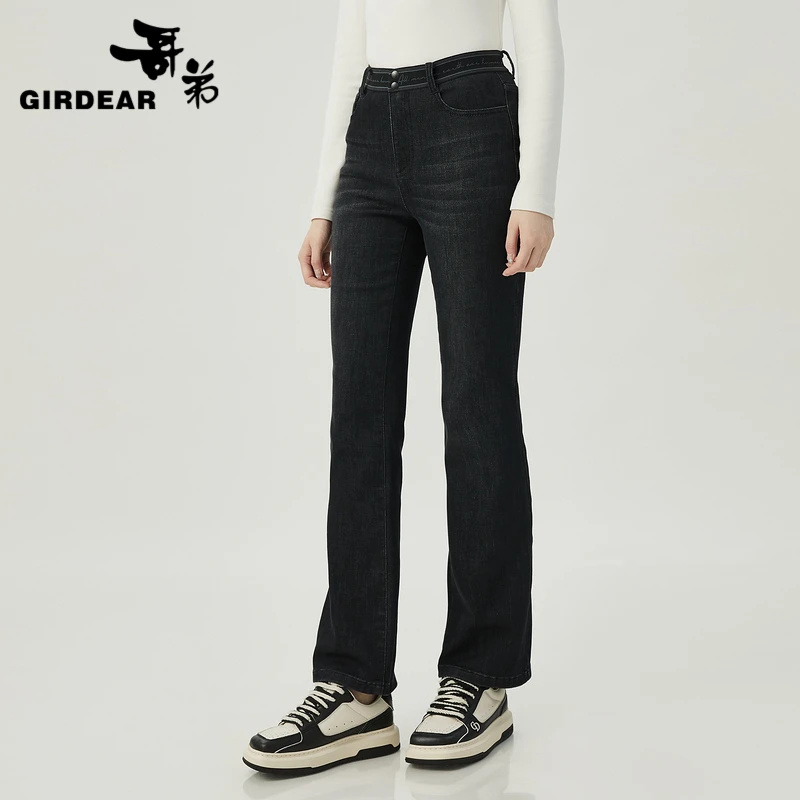 GIRDEAR/哥弟通勤显瘦时尚百搭中腰弹力直筒牛仔长裤女1100462