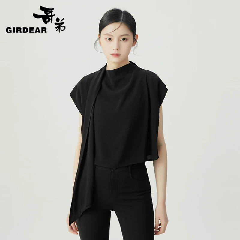 GIRDEAR/哥弟飘带式围裹领质感小蝙蝠袖短款上衣1300963