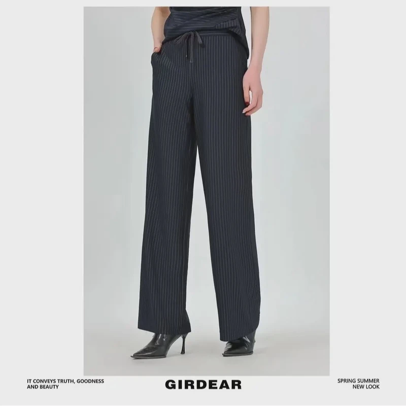 GIRDEAR/哥弟新款经典时尚显瘦休闲松紧腰直筒条纹休闲裤1100408