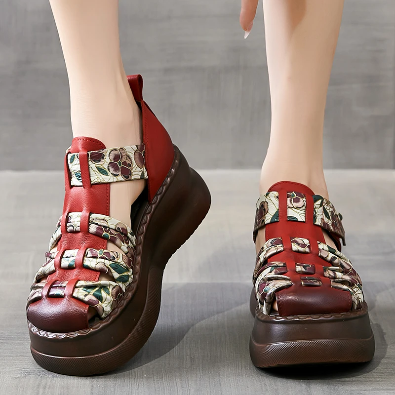 嫔妃丽人头层牛皮复古厚底舒适花朵民族风时尚镂空百搭夏季凉鞋