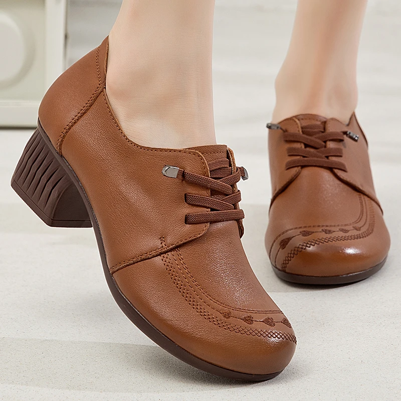 嫔妃丽人简约时尚百搭英伦风头层牛皮刺绣中跟一脚蹬舒适女士单鞋