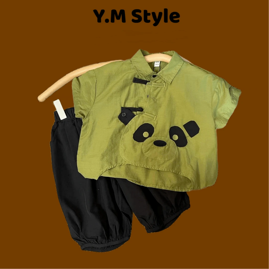 【断码清仓】复古熊猫儿童套装中小童儿童两件套衣服夏季无袖童装