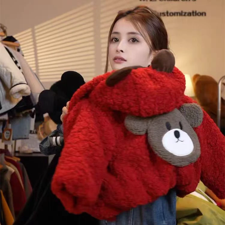【背包小熊】儿童毛毛衣韩版冬季加绒加厚棉服红色男宝女宝连帽外套