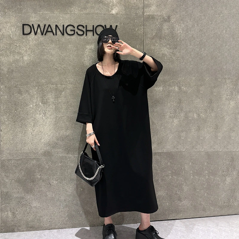 大码女装黑色七分袖宽松连衣裙240斤胖mm时尚显瘦秋季2024新款2店