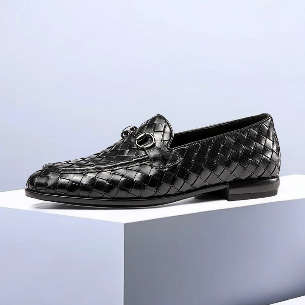 男士时尚马衔扣乐福鞋真皮男休闲一脚蹬懒人鞋手工编织皮鞋透气潮