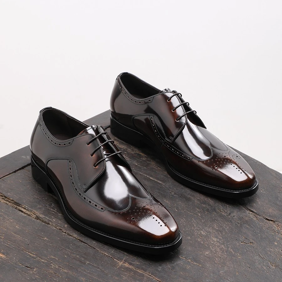 布洛克男鞋真皮尖头棕色复古英伦雕花德比鞋巴洛克商务正装皮鞋男