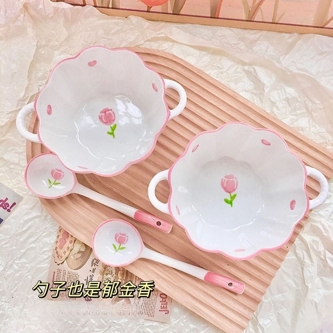 郁金香陶瓷双耳碗网红早餐沙拉碗烤碗创意泡面碗汤碗家用烘焙专用