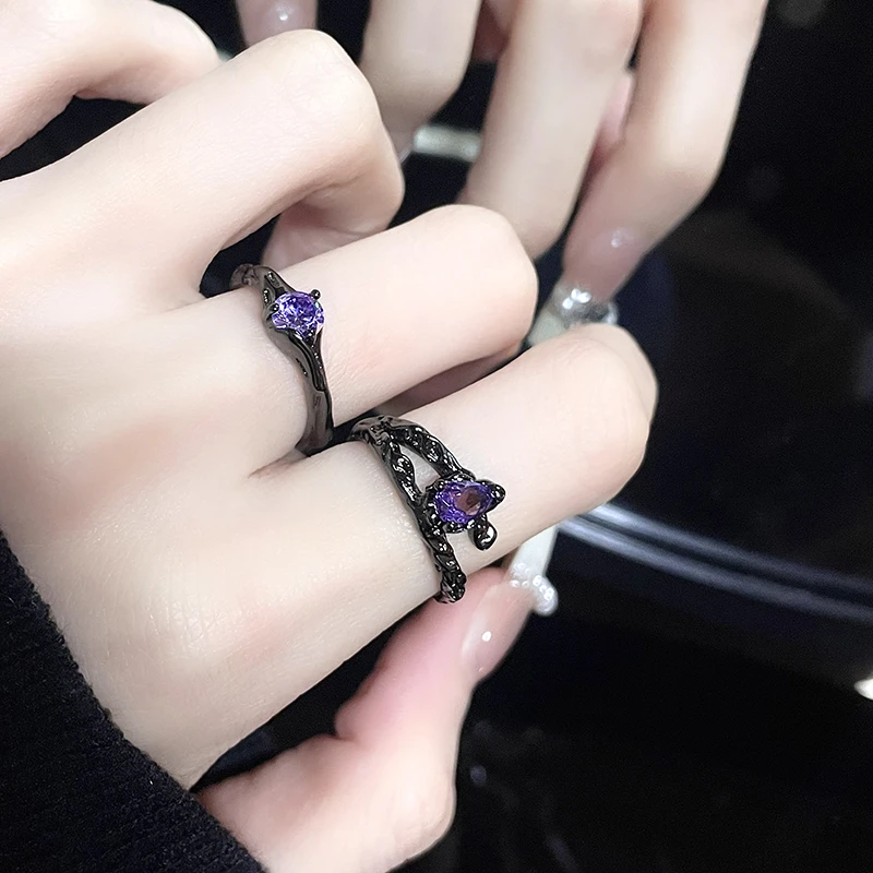 小众设计暗黑个性锆石高级感开口食指指环女复古紫色轻奢气质饰品