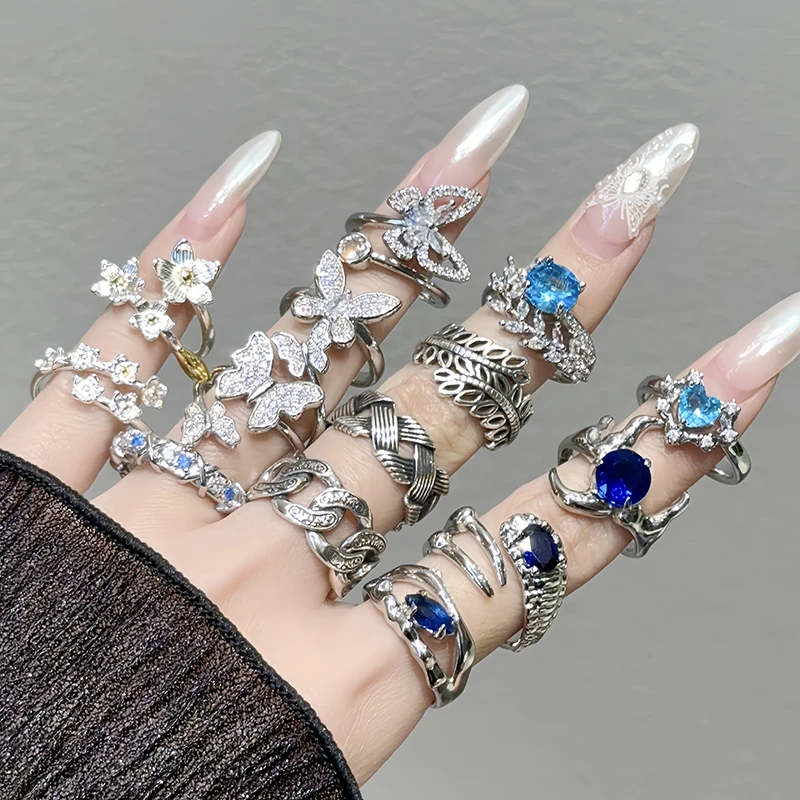 小众设计感蝴蝶玫瑰花蓝色锆石开口戒指叠戴