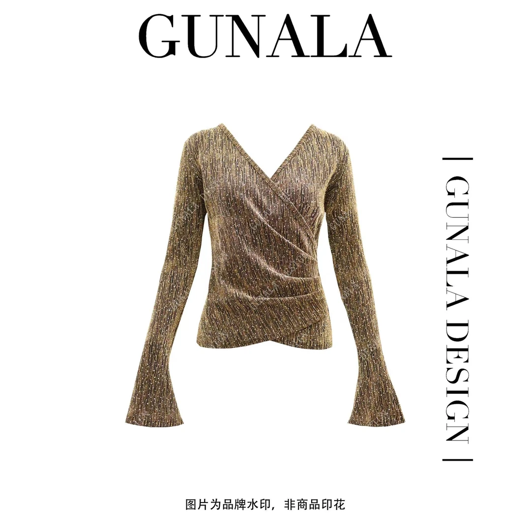 GUNALA DESIGN碎闪星河大码轻奢高级感烫钻V领交叠长袖上衣-E255