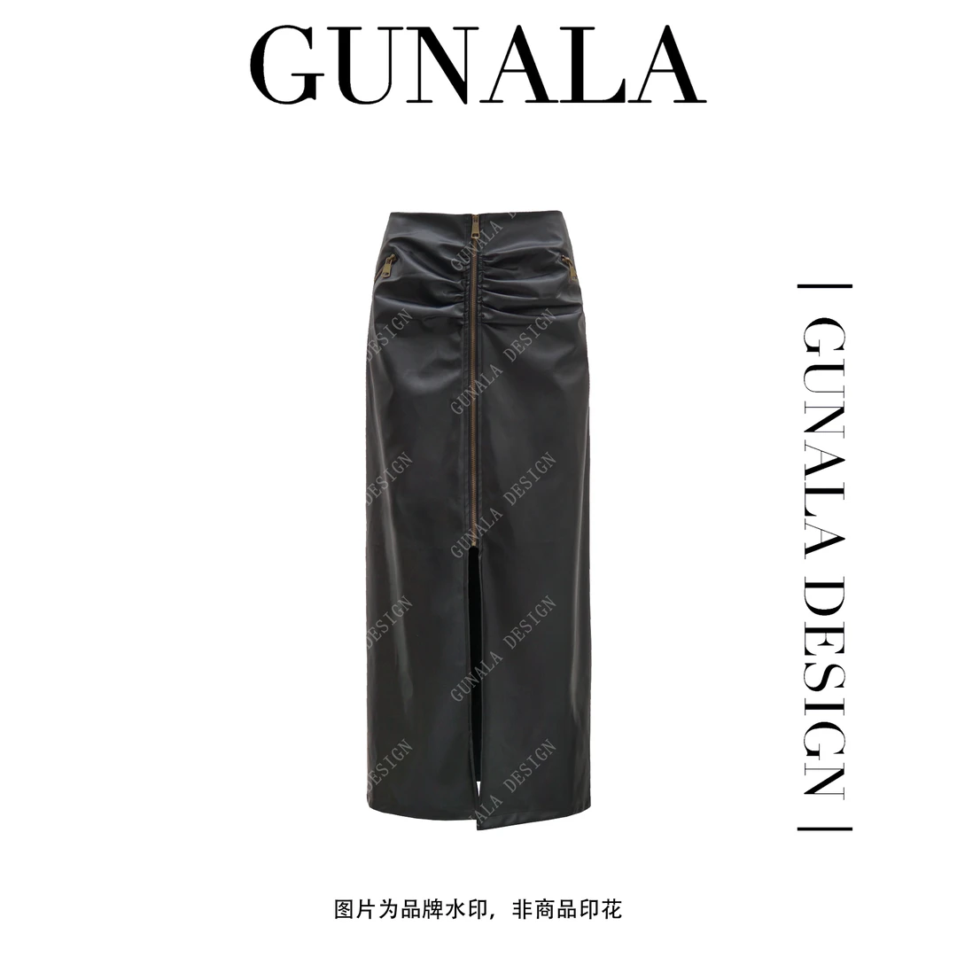 GUNALA DESIGN黑曼巴个性复古感褶皱前开衩拉链半身皮裙-E266-1
