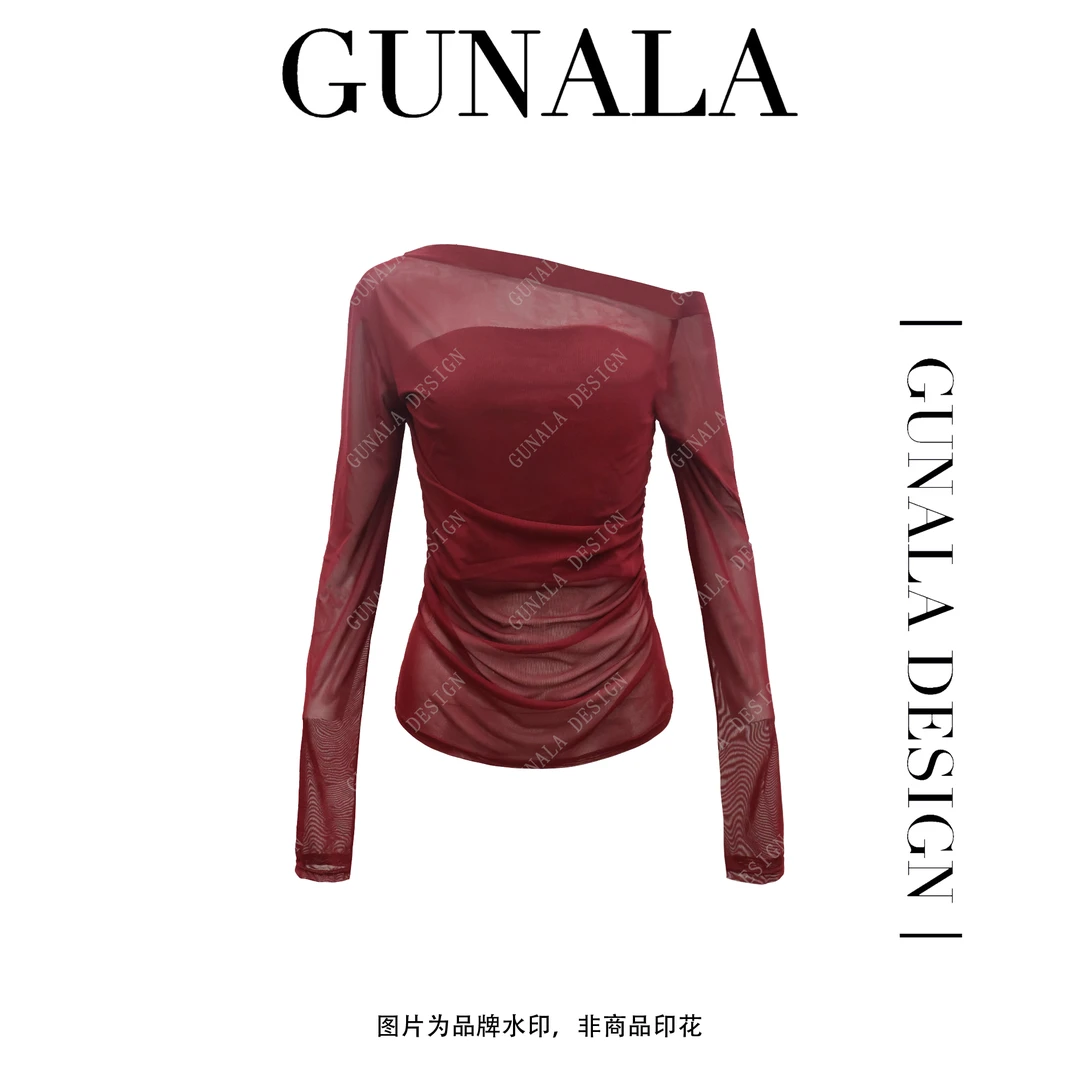 GUNALA DESIGN女神降临性感纯欲风斜肩修身显瘦长袖网纱上衣-E260