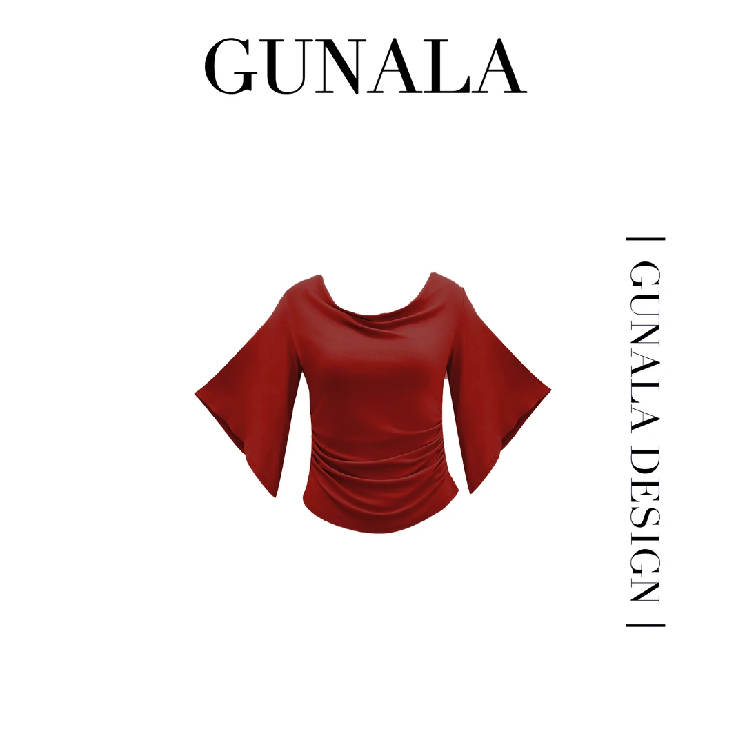 四色新款显瘦T恤创意袖口设计荡领上衣-E192-1