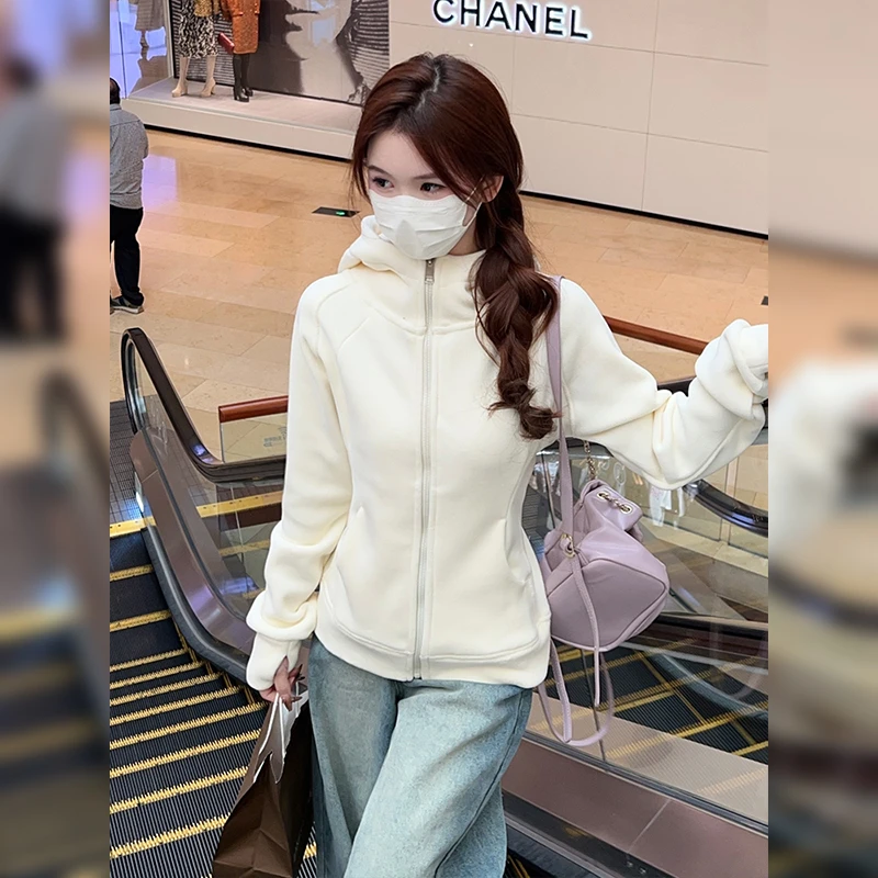 白色修身显瘦连帽拉链卫衣外套女款秋冬爆款2025新款百搭上衣即墨