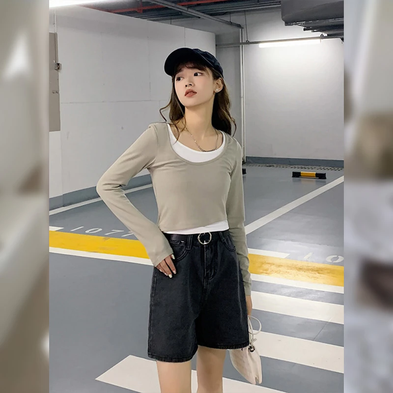 浅绿色美式长袖T恤打底衫女春秋2024新款爆款假两件内搭打底上衣