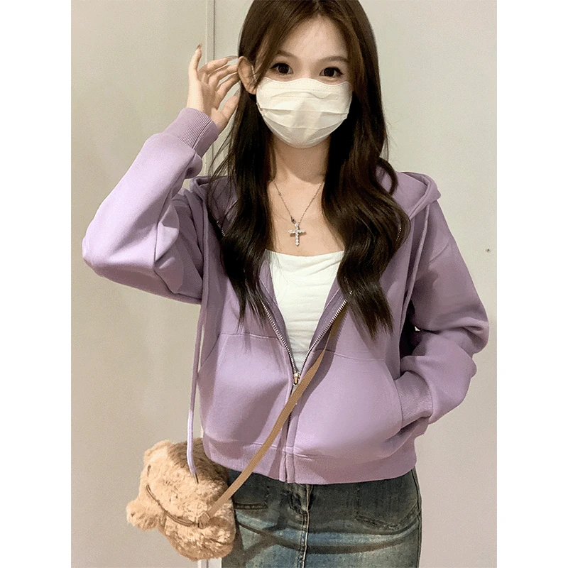 紫色宽松连帽拉链卫衣外套女春秋爆款2025新款小个子长袖上衣即墨