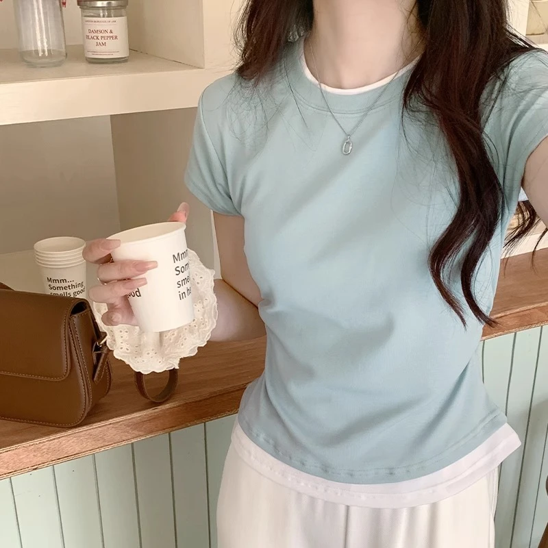 蓝色宽松假两件短袖T恤打底衫女夏季爆款2025新款显瘦高级感上衣
