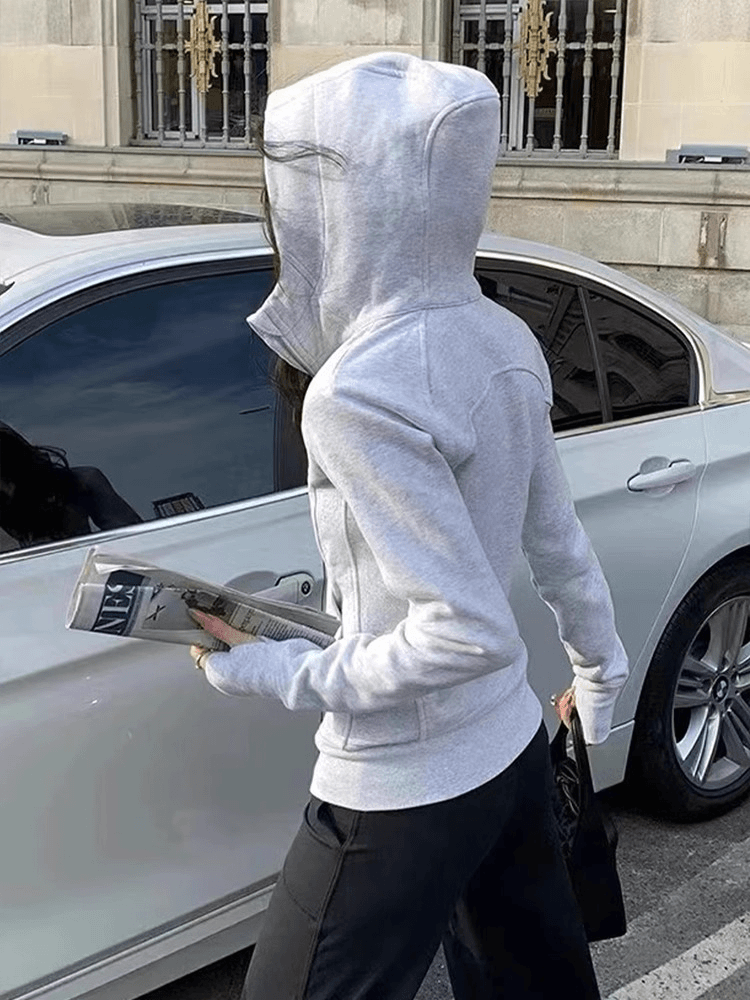 灰色卫衣外套女秋冬加绒加厚内搭女冬款开衫拉链连帽修身短款上衣