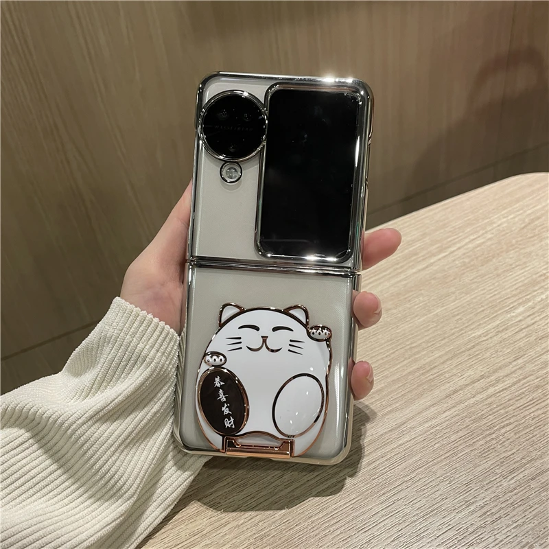 适用oppofindn3flip手机壳电镀镜子支架幻影透明壳折叠屏轻奢创意